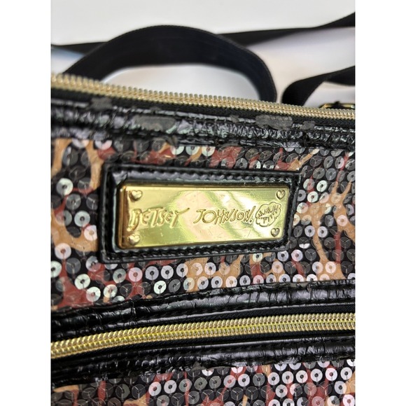 Betsey Johnson Leopard Print Sequin Crossbody Bag Gold Hardware Brown Black - Picture 2 of 11